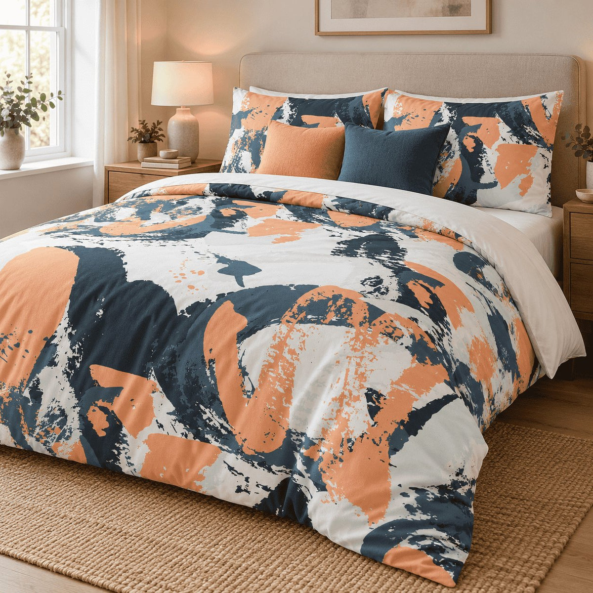 Orange Navy Splash Abstract duvet cover set, angled view showing the paint swirl print beside a window