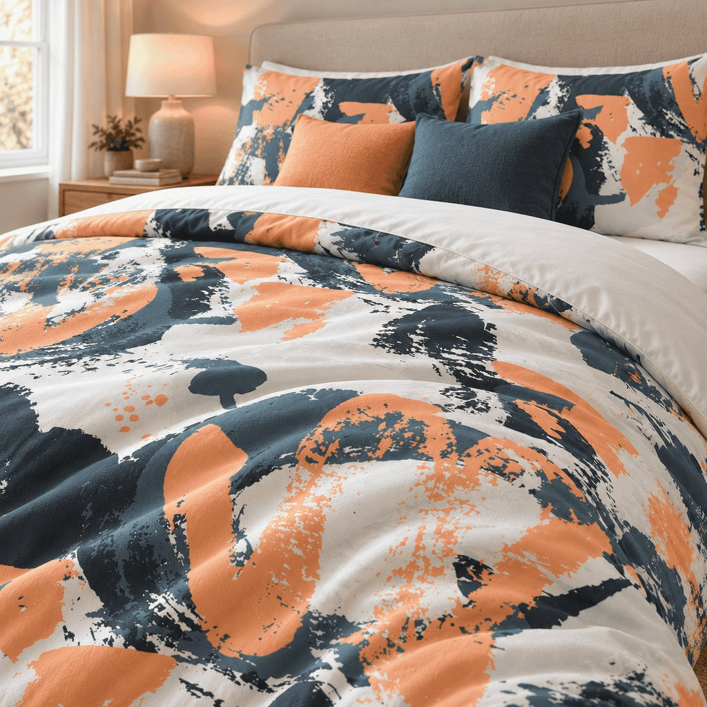 Orange Navy Splash Abstract duvet cover set, close-up showing distressed apricot and navy brush swirls
