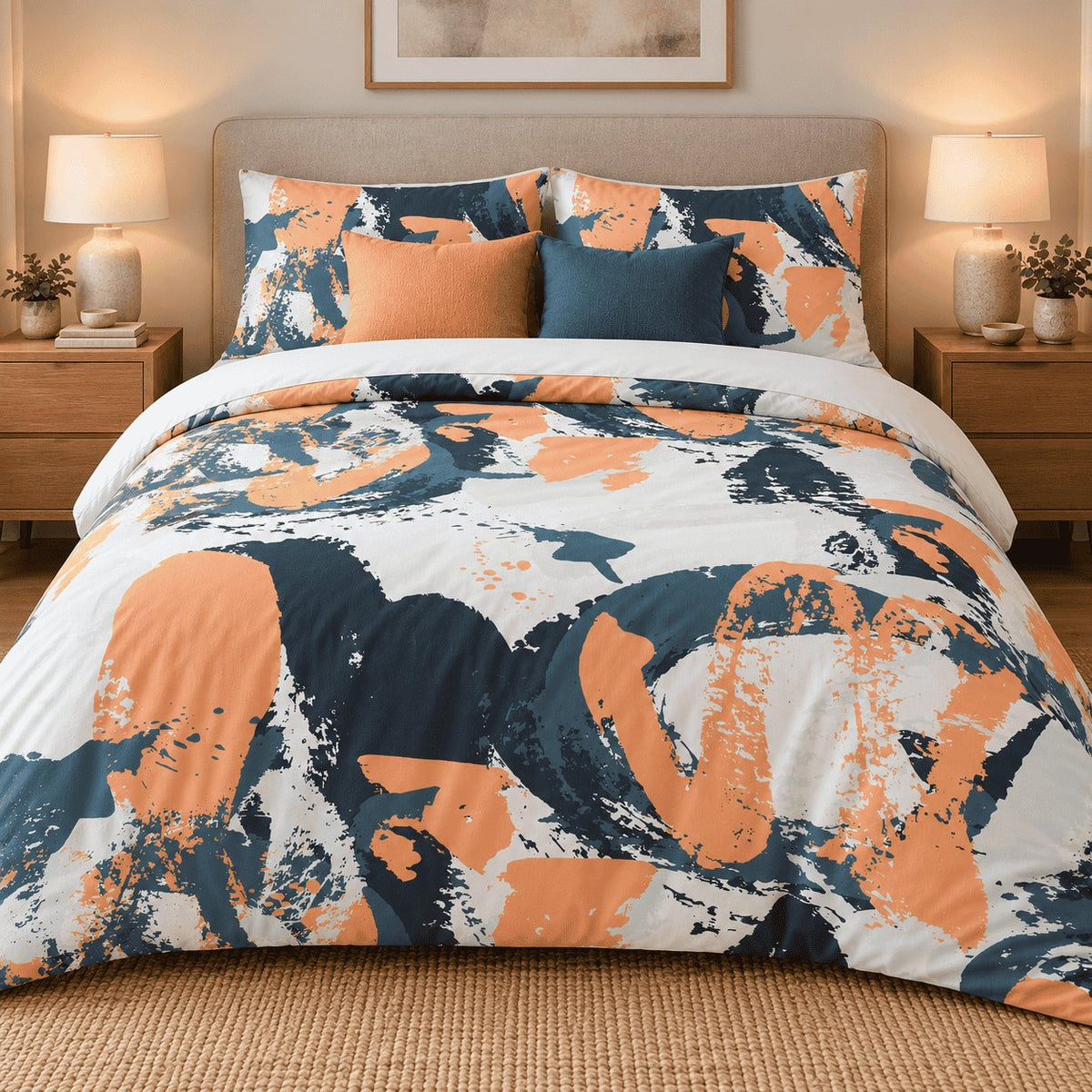 Orange Navy Splash Abstract duvet cover set, front view showing apricot and navy paint swirls on white