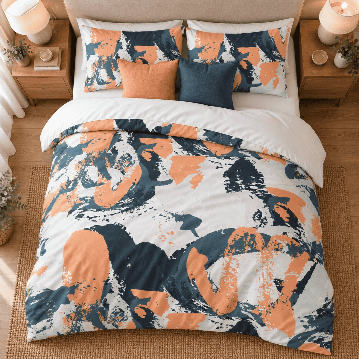 Orange Navy Splash Abstract duvet cover set, overhead view showing the full splash print with orange and navy cushions
