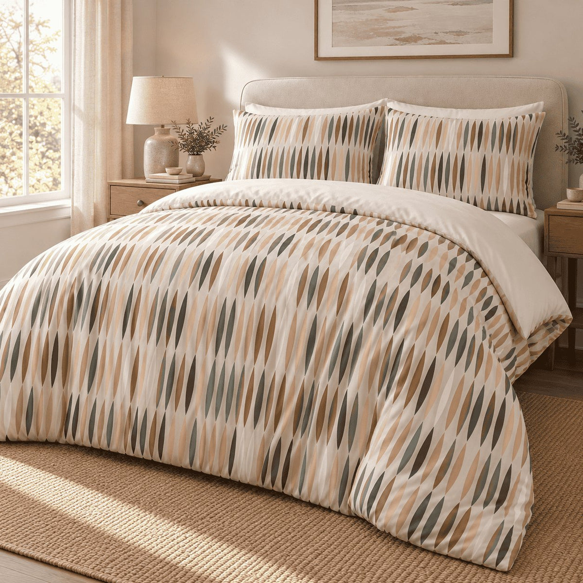 Peach Sage Leaf Stripe duvet cover set, angled view showing vertical peach and sage leaf stripes