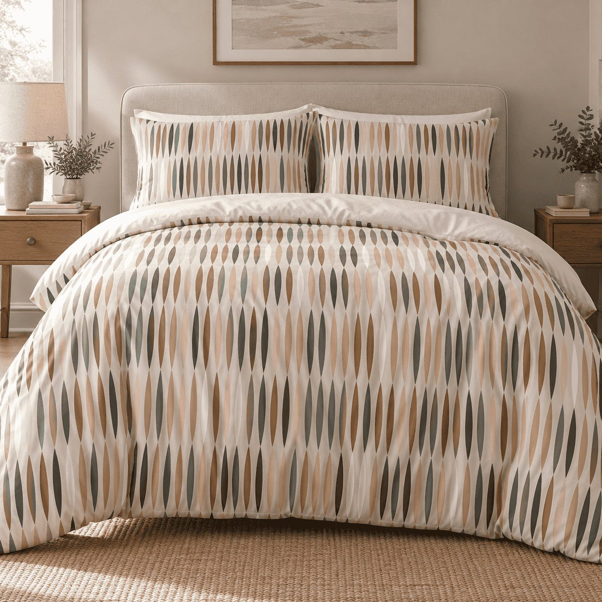 Peach Sage Leaf Stripe duvet cover set, front view showing vertical columns of peach, tan and sage almond shapes