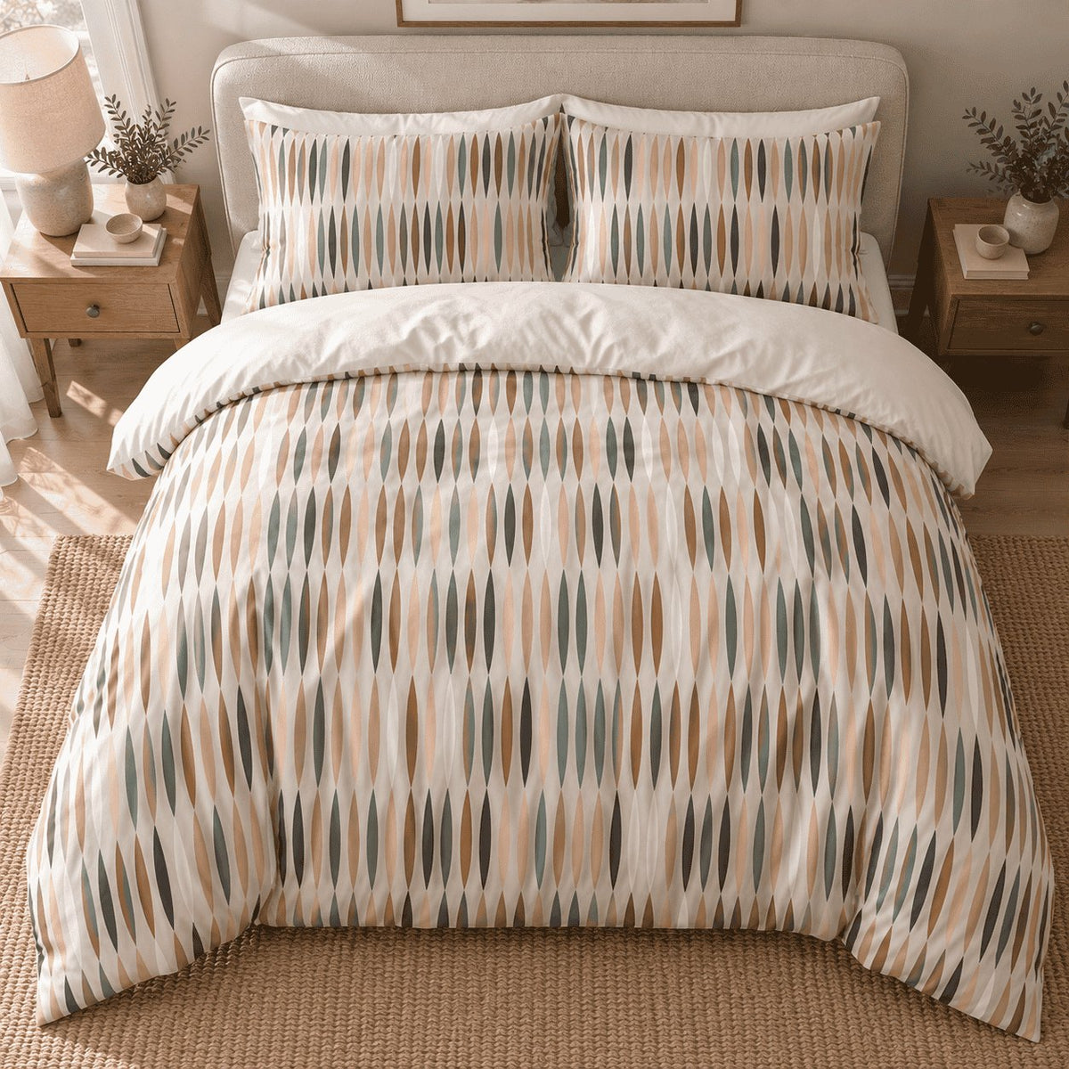 Peach Sage Leaf Stripe duvet cover set, overhead view showing peach, caramel and charcoal almond columns