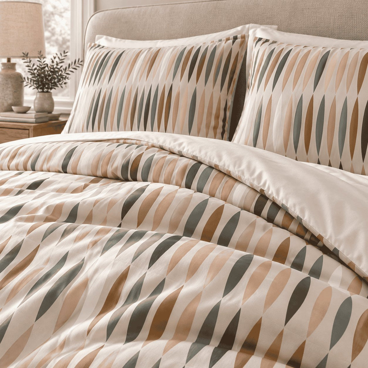 Peach Sage Leaf Stripe duvet cover set, turndown detail showing peach, tan and charcoal almond shapes
