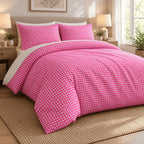 Hot Pink Gingham duvet cover set, angled view showing the pink check draped on a jute rug by a window