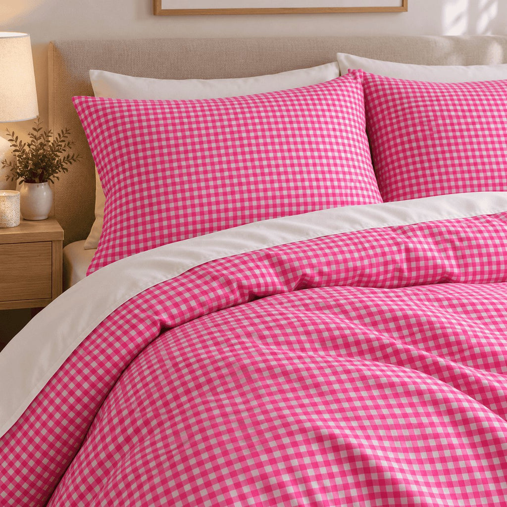 Hot Pink Gingham duvet cover set, close-up of pillowcases showing a hot pink gingham pillowcase above the turned-down duvet