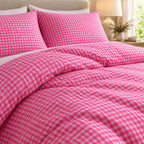 Hot Pink Gingham duvet cover set, close-up of print showing the fuchsia and white check across the duvet folds