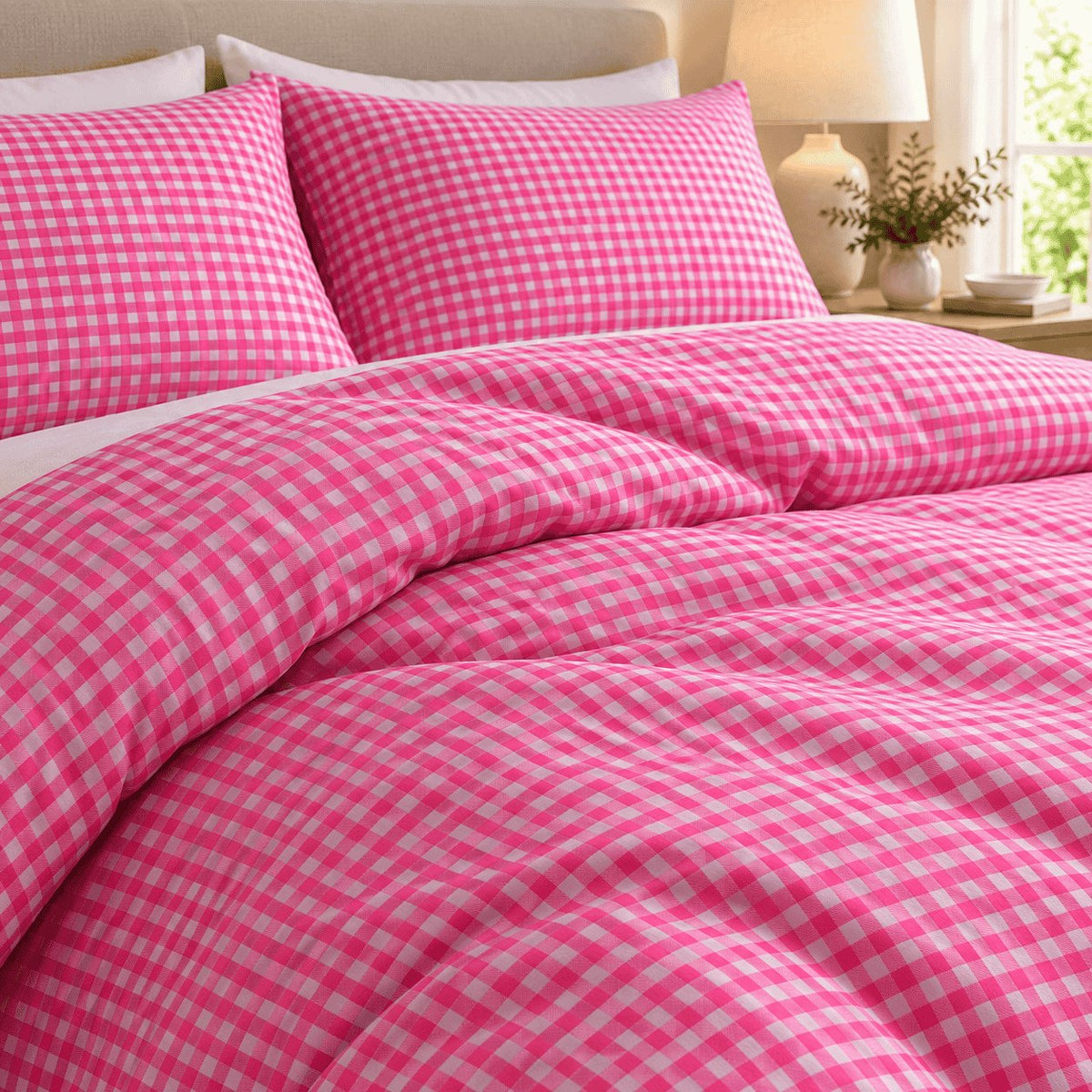 Hot Pink Gingham duvet cover set, close-up of print showing the fuchsia and white check across the duvet folds