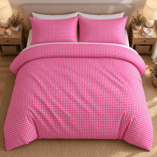 Hot Pink Gingham duvet cover set, front view showing the fuchsia check with two pink pillowcases over white pillows
