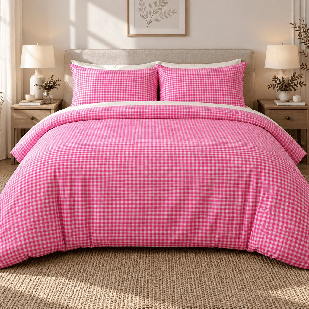 Hot Pink Gingham duvet cover set, room view showing the pink gingham bed with lamps, a framed print and a jute rug