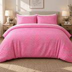 Hot Pink Gingham duvet cover set, room view showing the pink gingham bed with lamps, a framed print and a jute rug