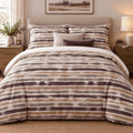 Plum Caramel Washed Stripe duvet cover set, front view showing dry-brushed plum, caramel and grey stripes on white