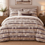 Plum Caramel Washed Stripe duvet cover set, front view showing dry-brushed plum, caramel and grey stripes on white