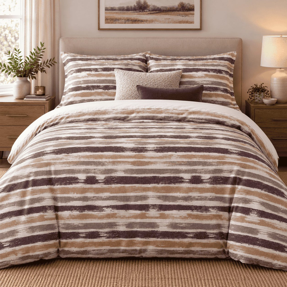 Plum Caramel Washed Stripe duvet cover set, front view showing dry-brushed plum, caramel and grey stripes on white
