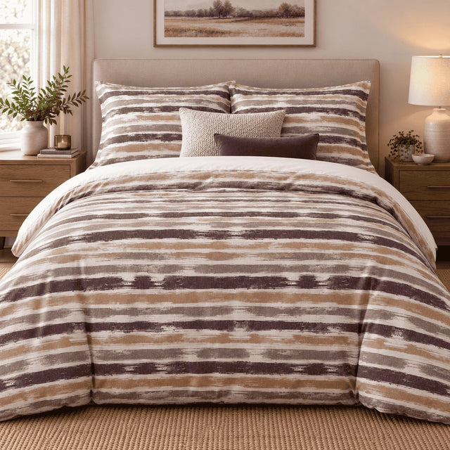 Plum Caramel Washed Stripe duvet cover set, front view showing dry-brushed plum, caramel and grey stripes on white