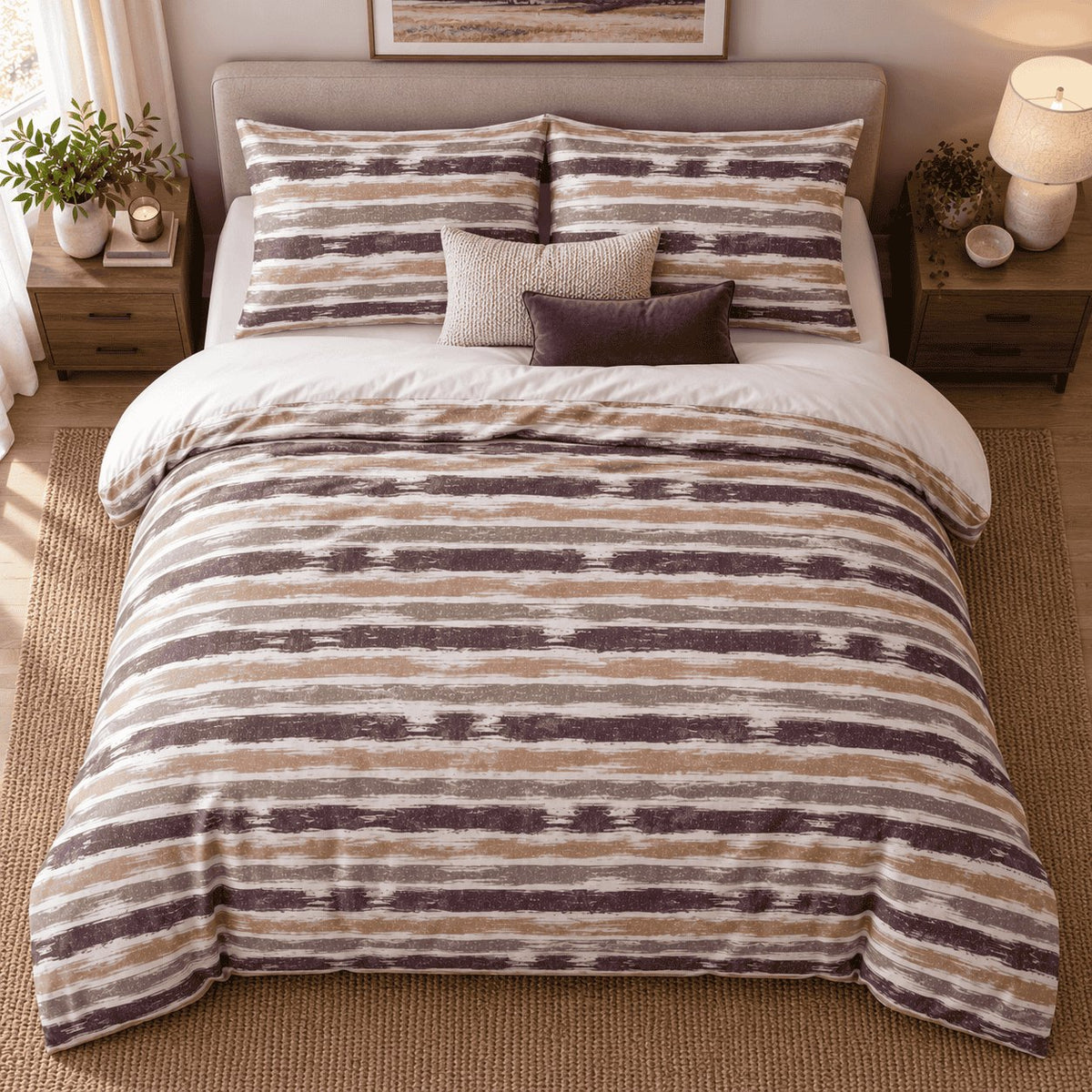 Plum Caramel Washed Stripe duvet cover set, overhead view showing plum, caramel and warm grey brushed stripes