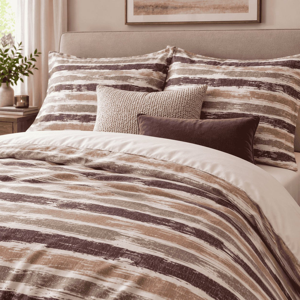 Plum Caramel Washed Stripe duvet cover set, pillowcase detail showing pillowcases with cream knit and plum velvet cushions