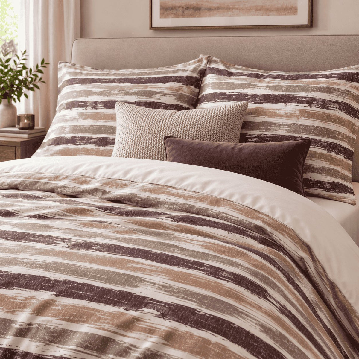 Plum Caramel Washed Stripe duvet cover set, pillowcase detail showing pillowcases with cream knit and plum velvet cushions