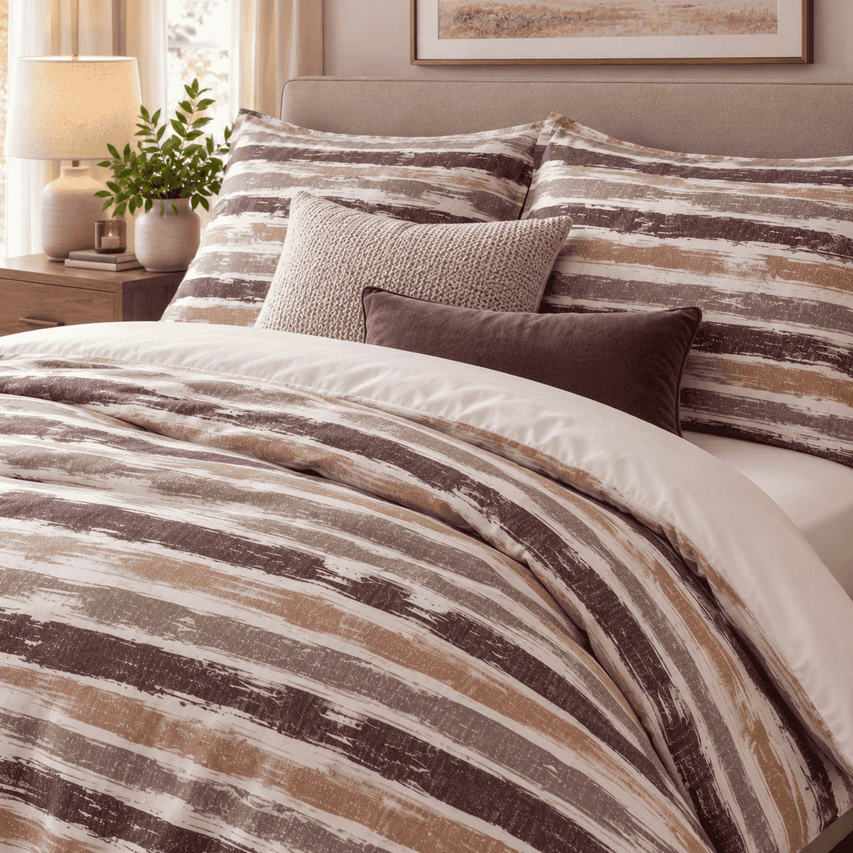 Plum Caramel Washed Stripe duvet cover set, turndown detail showing dry-brushed plum and caramel stripes with streaky edges