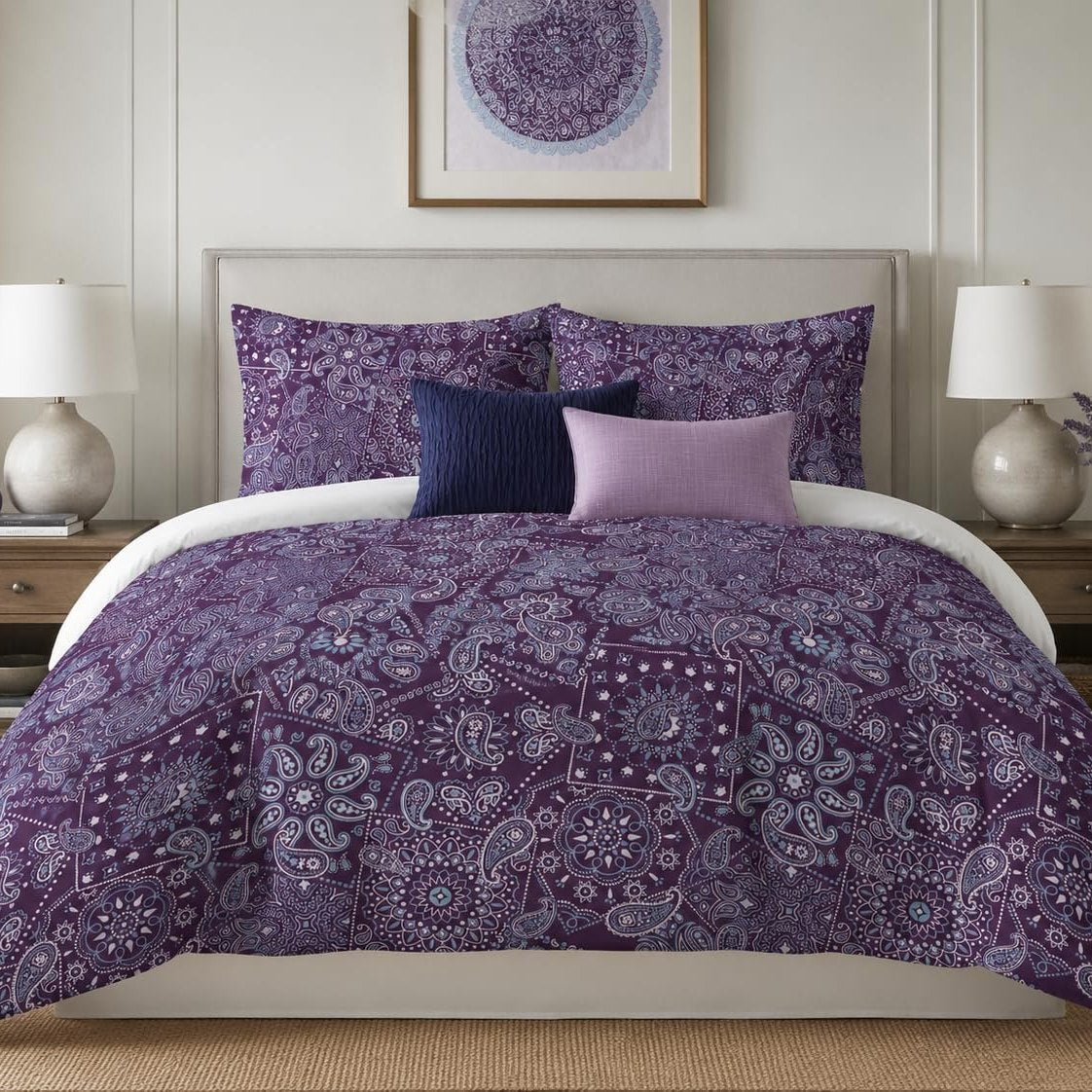 Deep Purple Paisley Patchwork duvet cover set, front view showing plum bandana squares with lilac paisleys