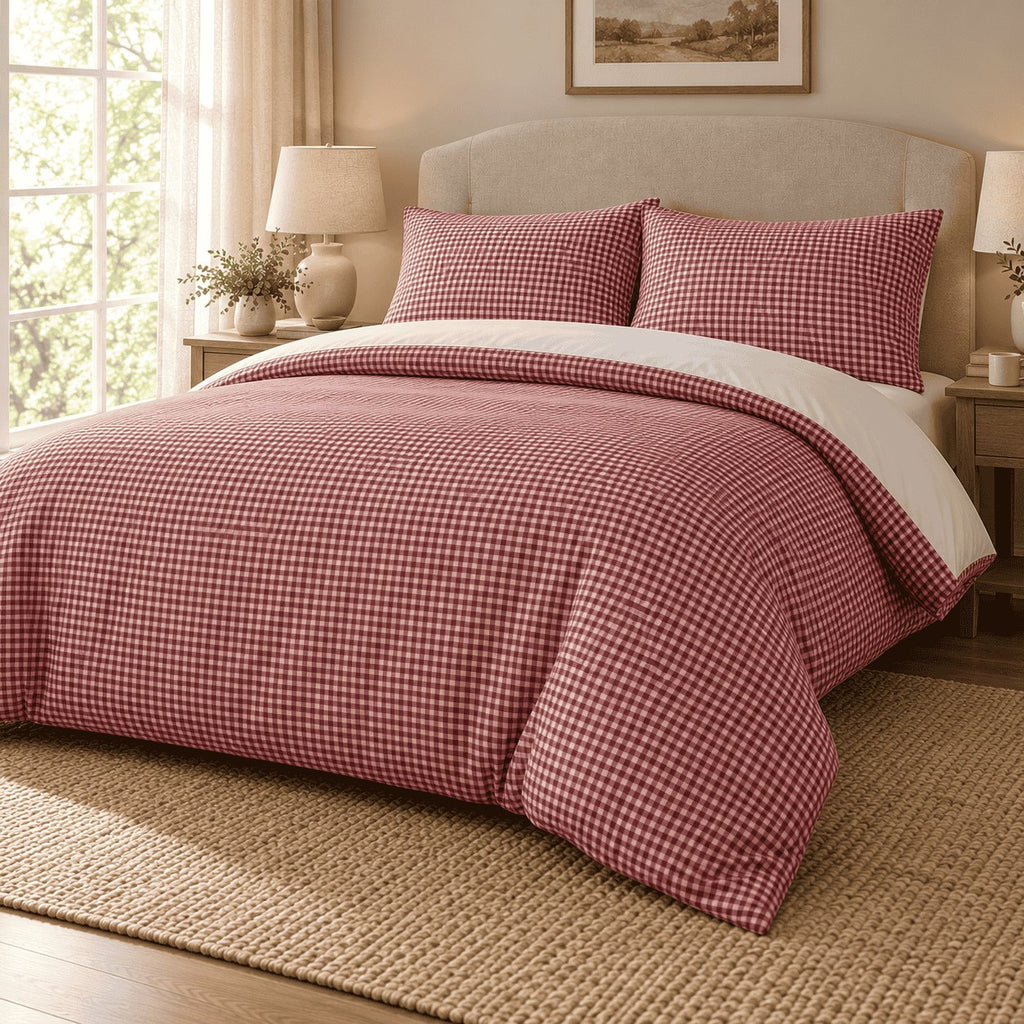 Raspberry Red Gingham duvet cover set, angled view showing the red check draped onto a jute rug by a window