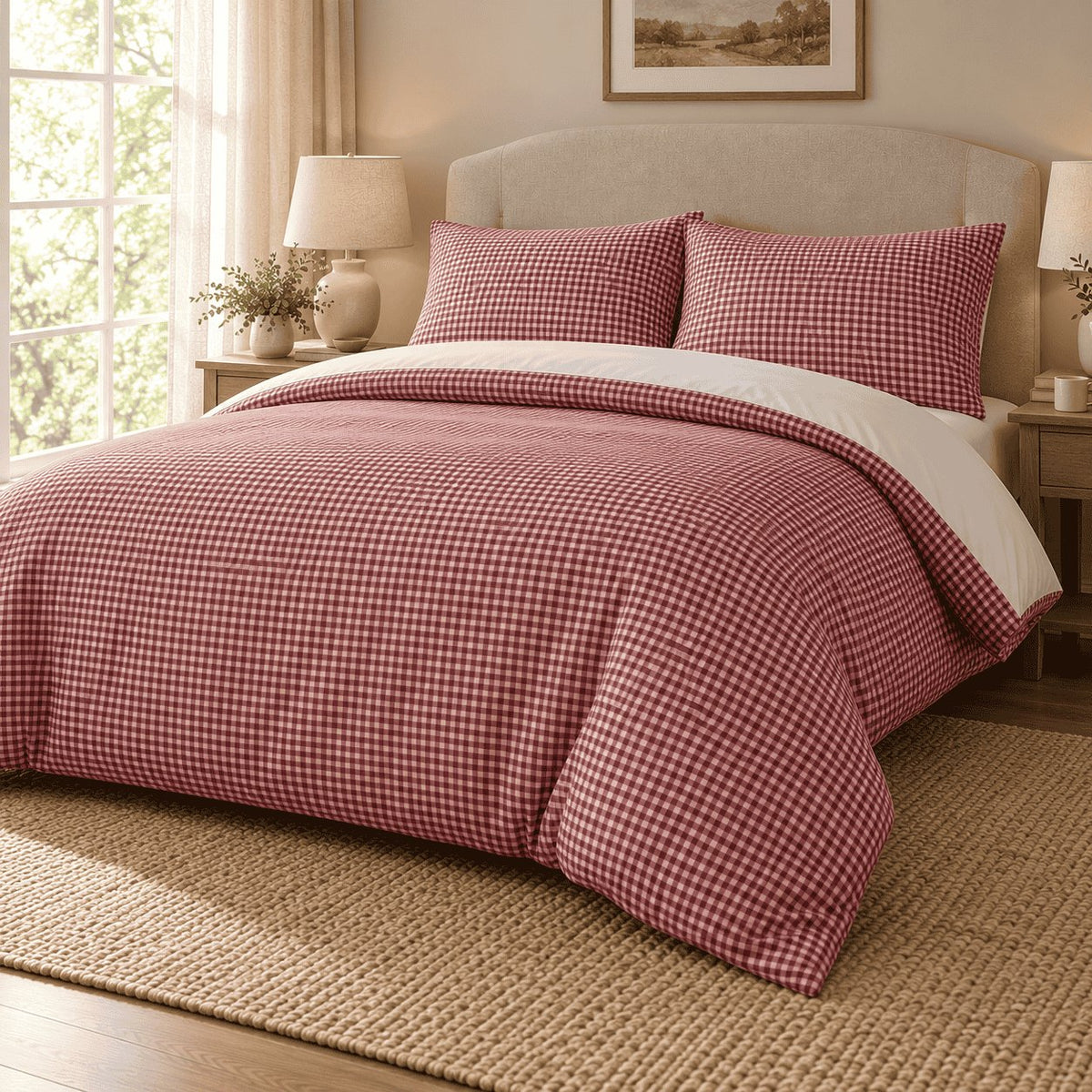 Raspberry Red Gingham duvet cover set, angled view showing the red check draped onto a jute rug by a window