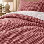 Raspberry Red Gingham duvet cover set, close-up of print showing the red and white check over the folded duvet
