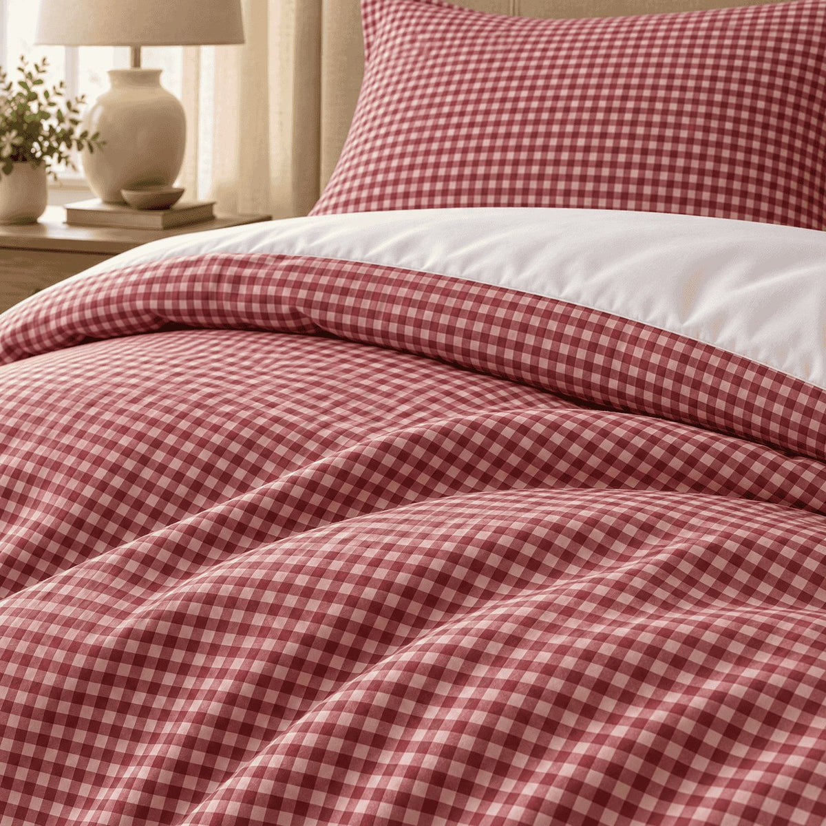 Raspberry Red Gingham duvet cover set, close-up of print showing the red and white check over the folded duvet