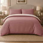 Raspberry Red Gingham duvet cover set, front view showing the red check with two pillowcases on a curved headboard bed