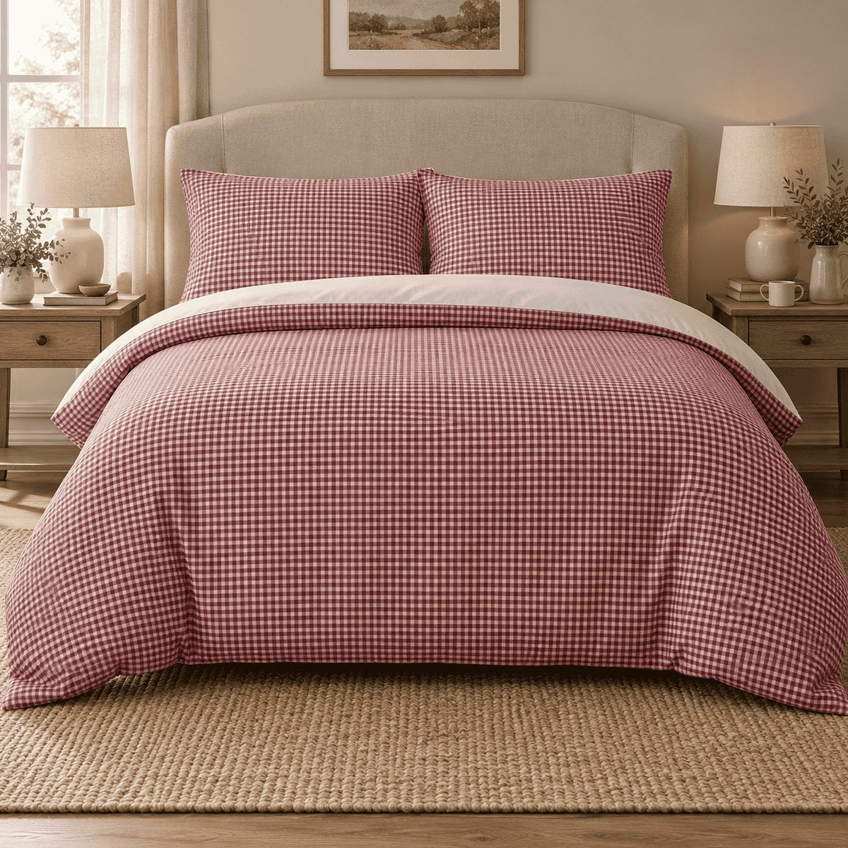 Raspberry Red Gingham duvet cover set, front view showing the red check with two pillowcases on a curved headboard bed