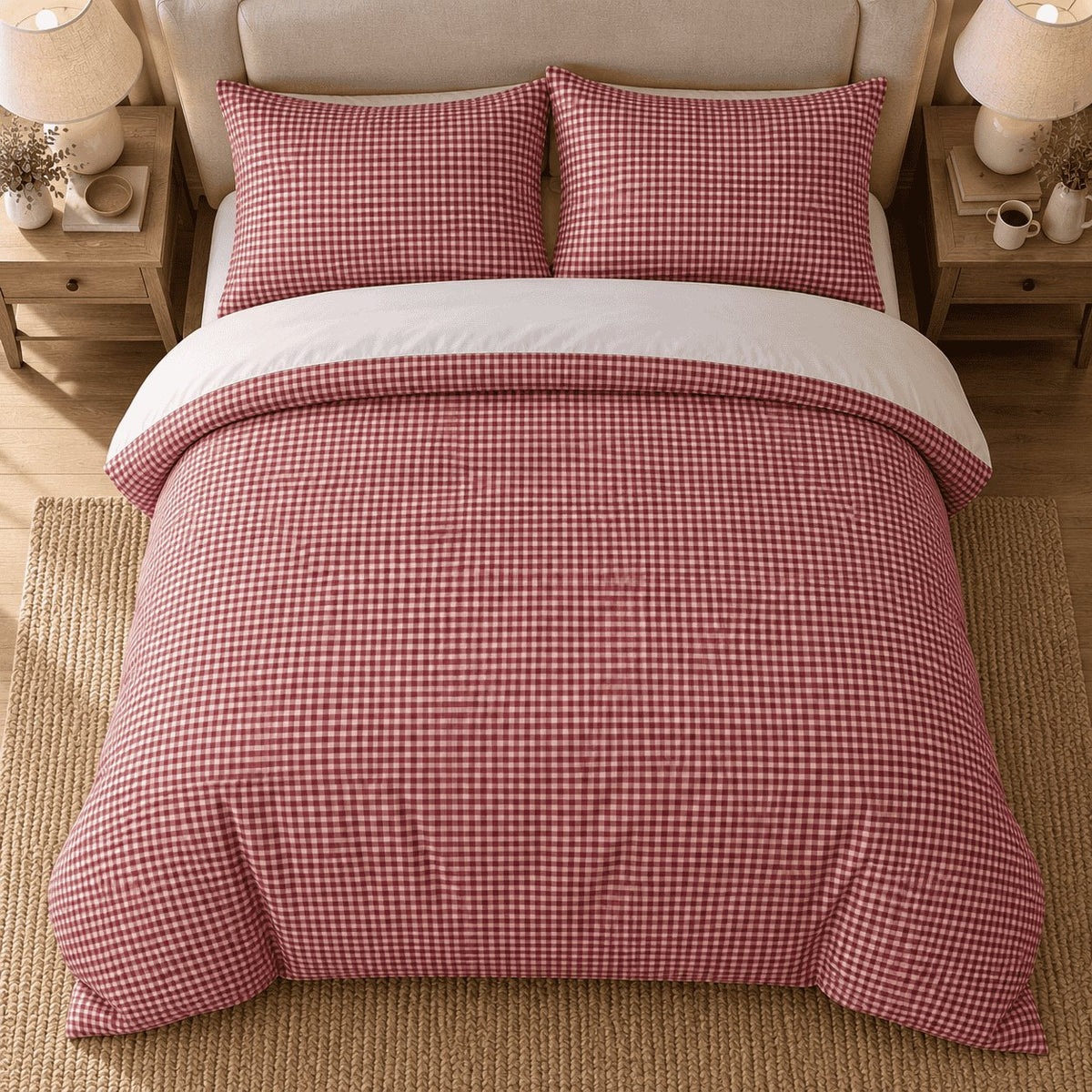 Raspberry Red Gingham duvet cover set, overhead view showing the full bed on a jute rug between oak bedside tables