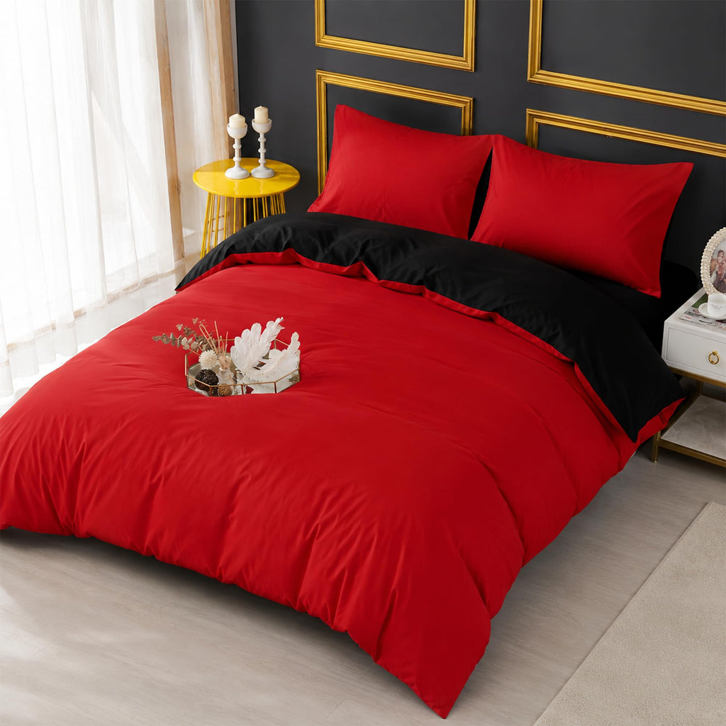 Reversible Duvet Cover Set with Fitted Sheet – Red Black