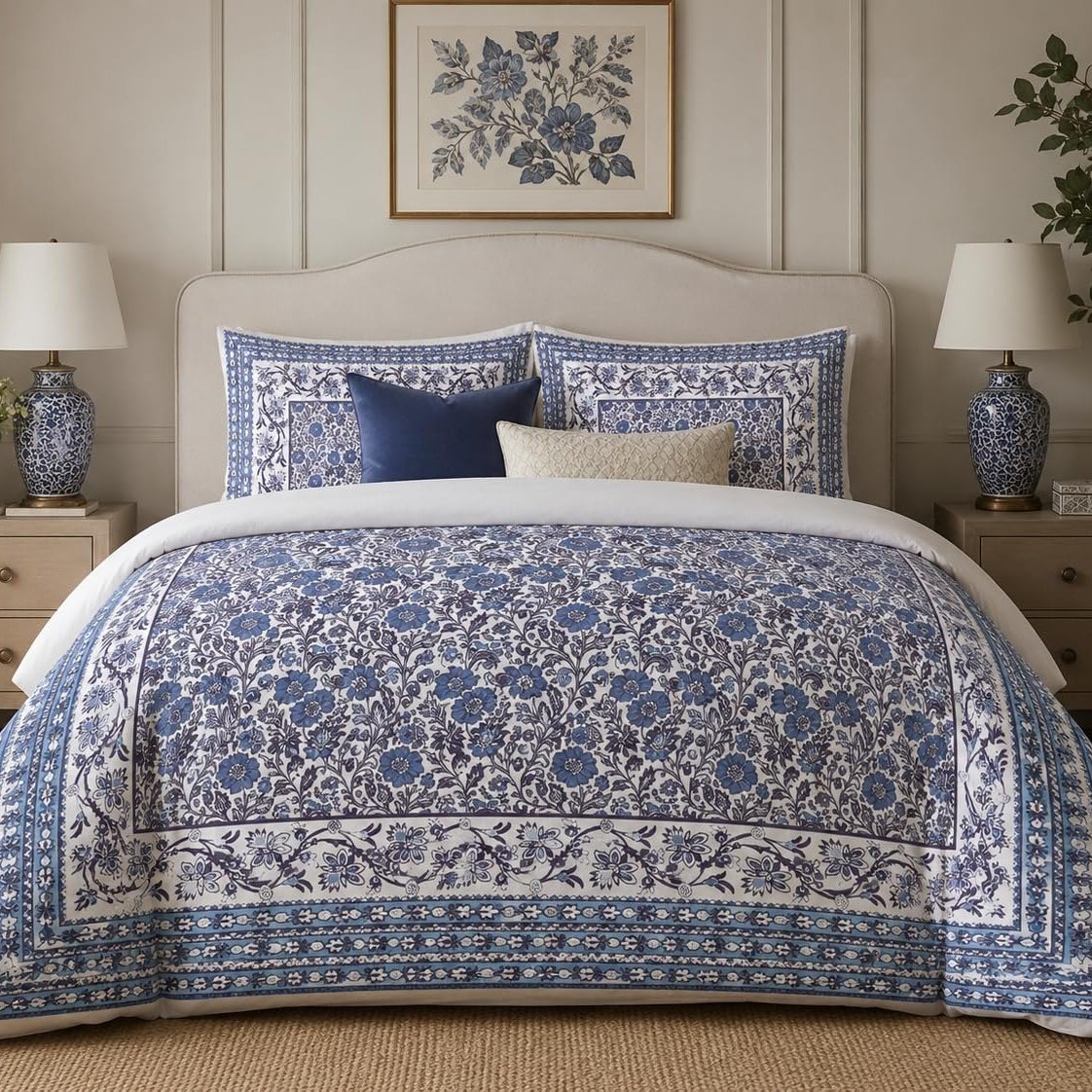Royal Blue Framed Heritage duvet cover set, front view showing blue trailing florals on white with striped borders