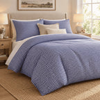 Royal Blue Gingham duvet cover set, angled view showing the blue check draped onto a jute rug by a window