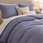 Royal Blue Gingham duvet cover set, close-up of print showing the tight blue and white check across the duvet folds