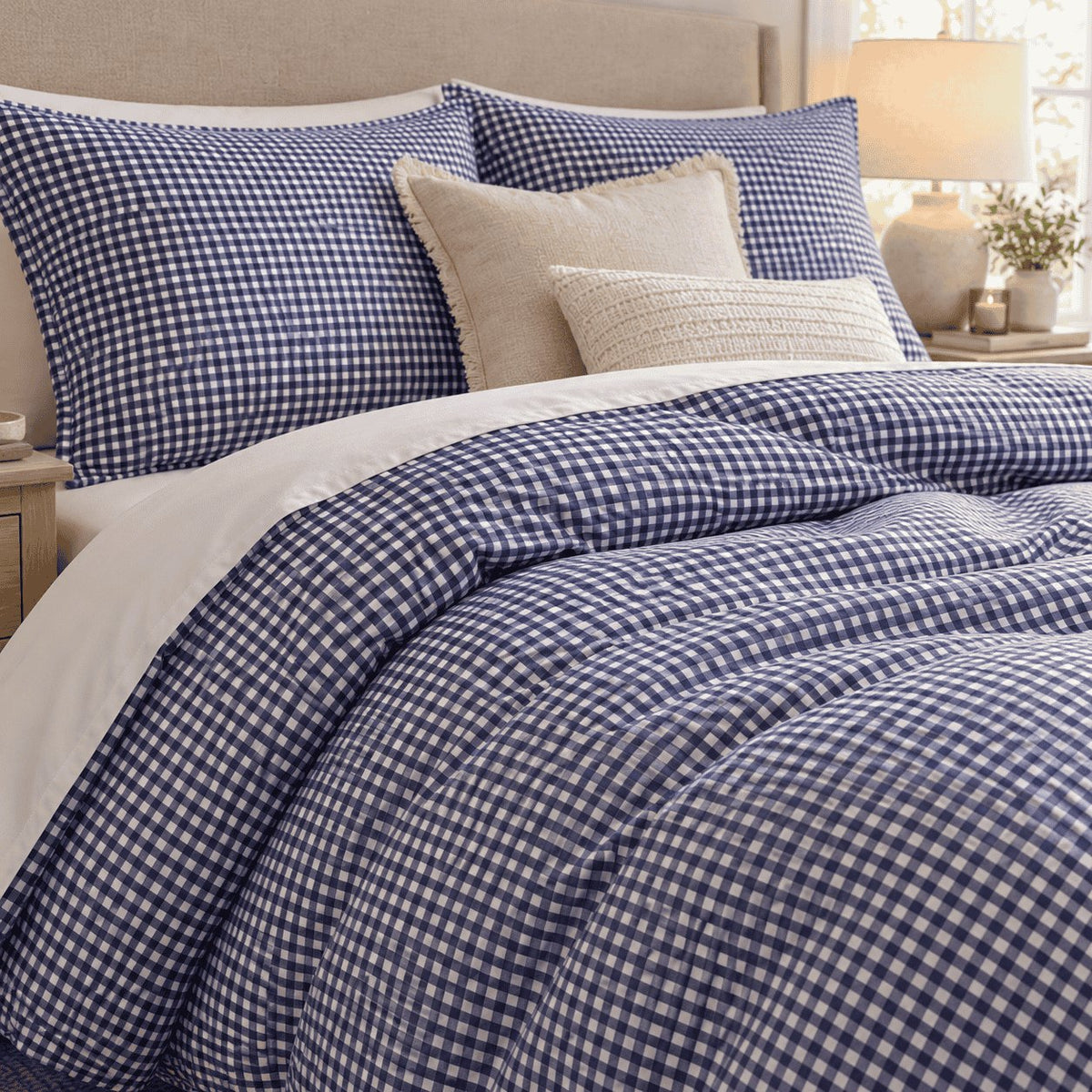 Royal Blue Gingham duvet cover set, close-up of print showing the tight blue and white check across the duvet folds