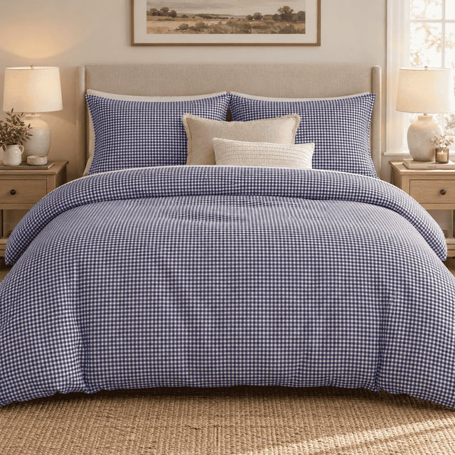 Royal Blue Gingham duvet cover set, front view showing the blue check with two pillowcases and oatmeal and cream cushions