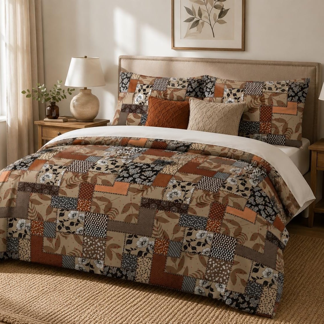 Rustic Floral Patchwork duvet cover set, angled view showing stepped floral patches and rust and oatmeal cushions