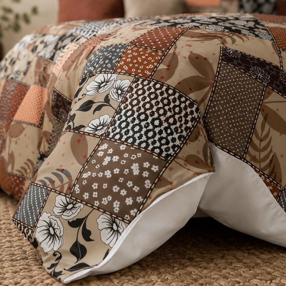 Rustic Floral Patchwork duvet cover set, corner detail showing poppy and polka dot patches and the white reverse