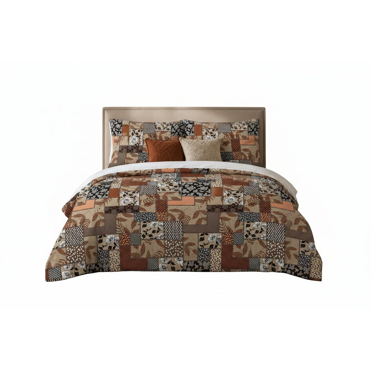 Rustic Floral Patchwork duvet cover set, front view showing tan, rust and black patches on a white background