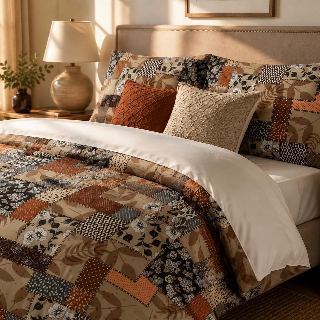 Rustic Floral Patchwork duvet cover set, pillowcase detail showing patchwork pillowcases with knit cushions