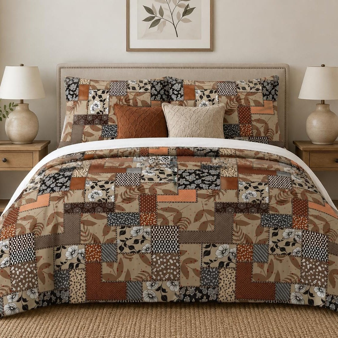 Rustic Floral Patchwork duvet cover set, room view showing the patchwork bed between oak bedside tables