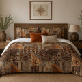 Rustic Tribal Patchwork duvet cover set, front view showing brown and rust kilim patches with cream bands