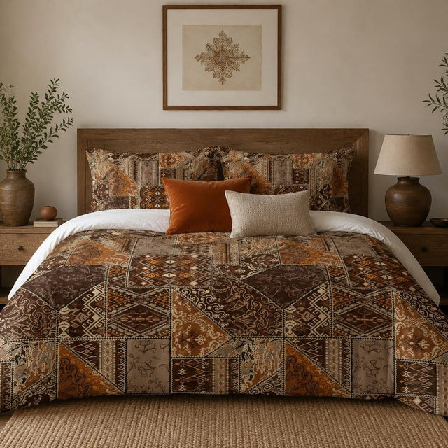 Rustic Tribal Patchwork duvet cover set, front view showing brown and rust kilim patches with cream bands