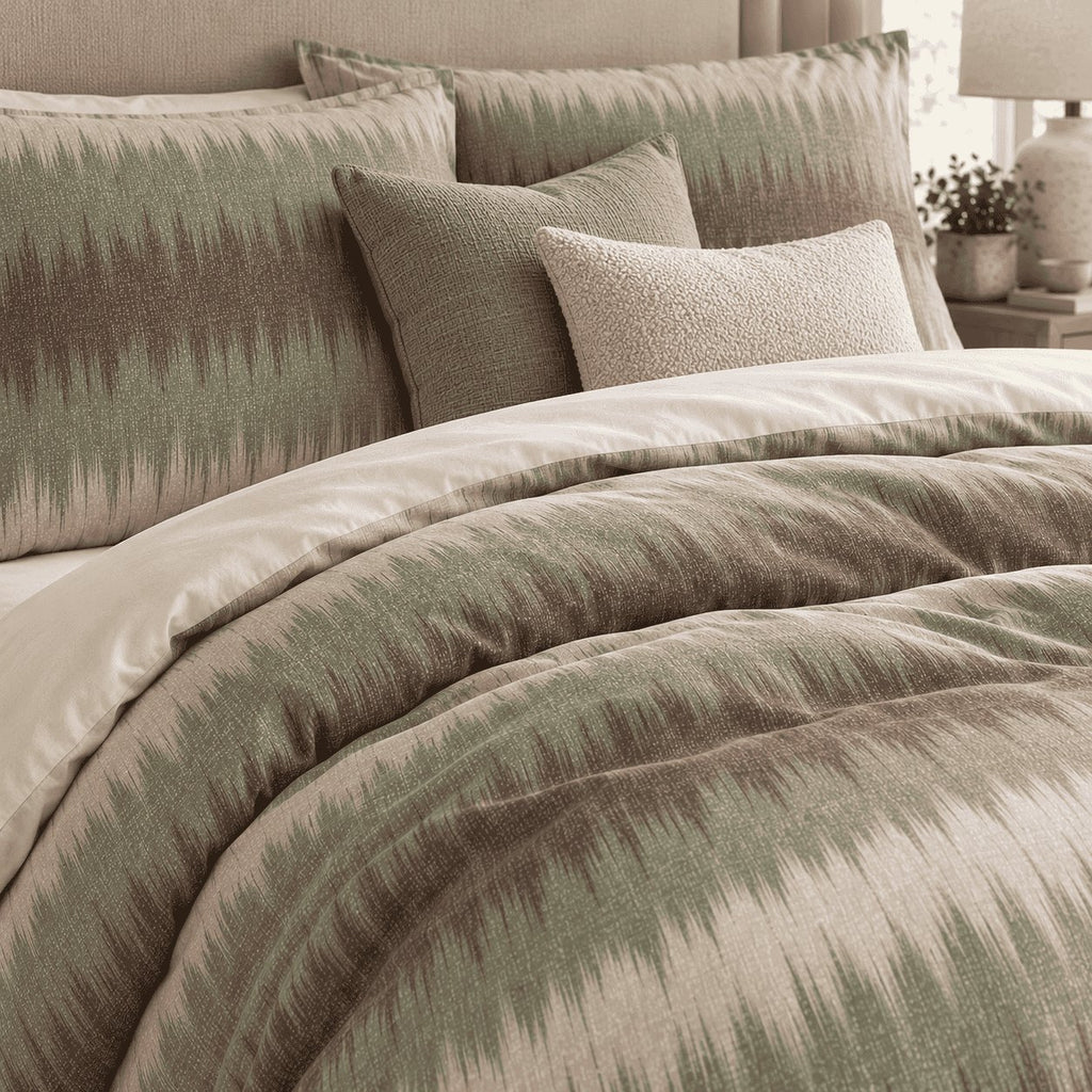Sage Mocha Flame Stitch duvet cover set, close-up showing jagged sage and mocha-brown flame edges