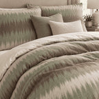 Sage Mocha Flame Stitch duvet cover set, close-up showing jagged sage and mocha-brown flame edges