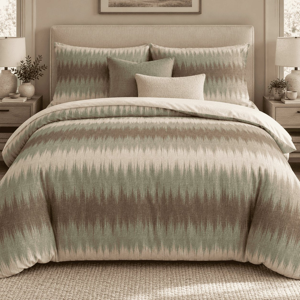 Sage Mocha Flame Stitch duvet cover set, front view showing sage and mocha-brown flame bands on oatmeal