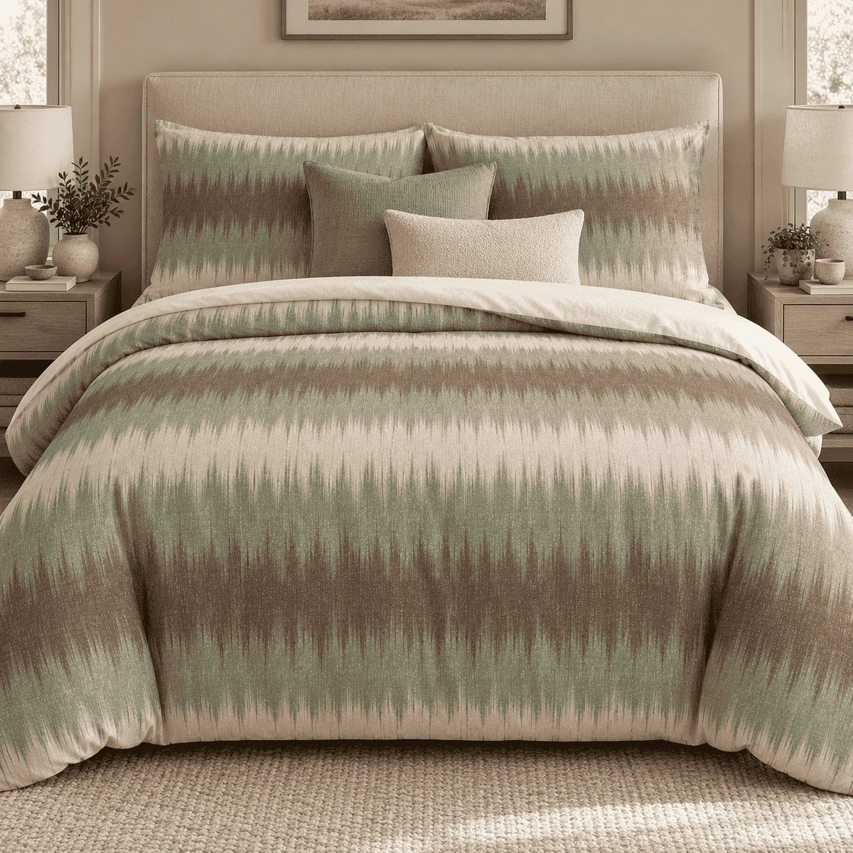 Sage Mocha Flame Stitch duvet cover set, front view showing sage and mocha-brown flame bands on oatmeal