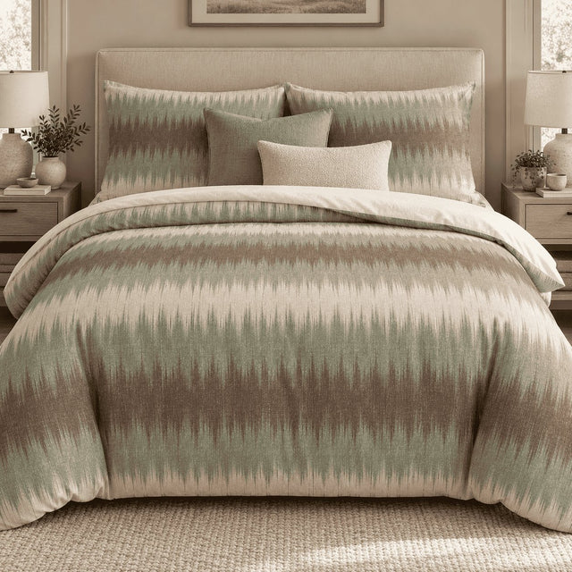 Sage Mocha Flame Stitch duvet cover set, front view showing sage and mocha-brown flame bands on oatmeal