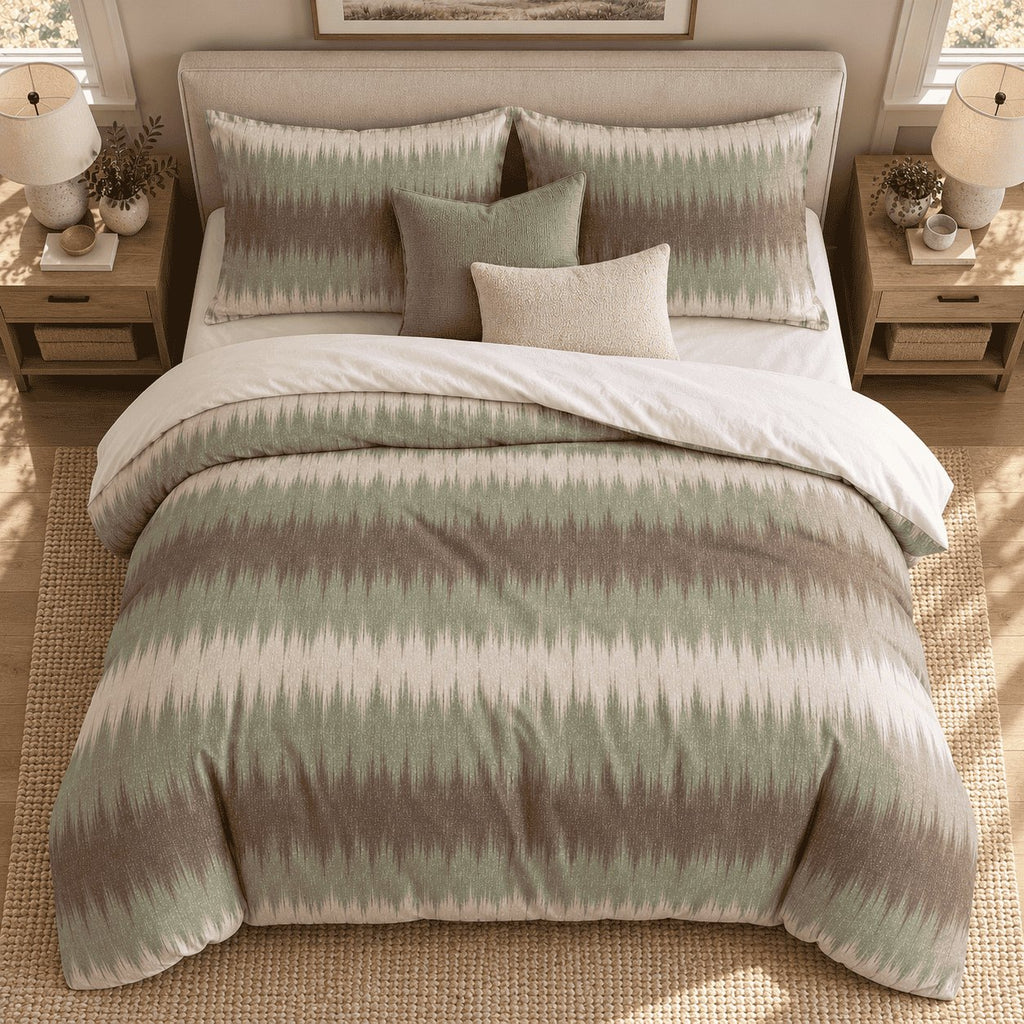 Sage Mocha Flame Stitch duvet cover set, overhead view showing the full banded print with sage and oatmeal cushions